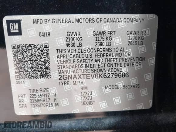 2019 Chevrolet Equinox LT z VIN 2GNAXTEV6K6279686, wystawiony jako IAAI lot #43095694 z przebiegiem 201 421 mil mil oraz . Historia ofert i sprzedaży dostępna na DreamBid. Obrazek 9.