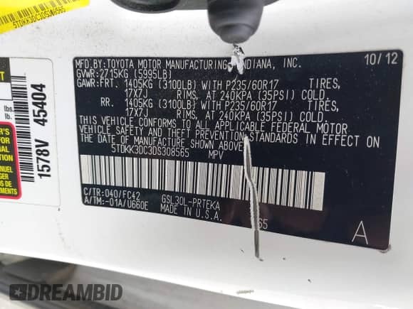 2013 Toyota Sienna LE AAS with VIN 5TDKK3DC3DS308565, listed as a IAAI auction lot 43281154 with 221,342 mi miles and . Bid and sale history available at DreamBid. Image 9.