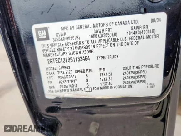 2005 GMC Sierra 1500 SLT z VIN 2GTEC13T351132464, wystawiony jako Copart lot #56866705 z przebiegiem 206 367 mil mil oraz Szkoda całkowita • Salvage title. Historia ofert i sprzedaży dostępna na DreamBid. Obrazek 12.
