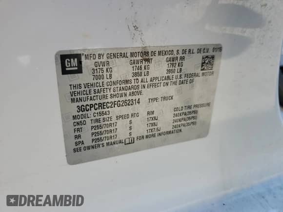 2015 Chevrolet Silverado 1500 LT с VIN 3GCPCREC2FG262314, выставлен на аукционе Copart как лот 84618565 с пробегом 246 354 миль миль и Списание • Salvage title. История ставок и продаж доступна на DreamBid. Изображение 12.