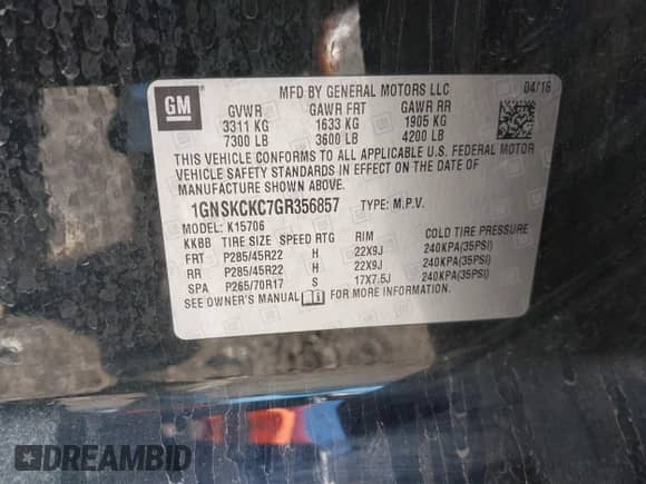 2016 Chevrolet Tahoe LTZ with VIN 1GNSKCKC7GR356857, listed as a IAAI auction lot 43515148 with 159,145 mi miles and . Bid and sale history available at DreamBid. Image 9.