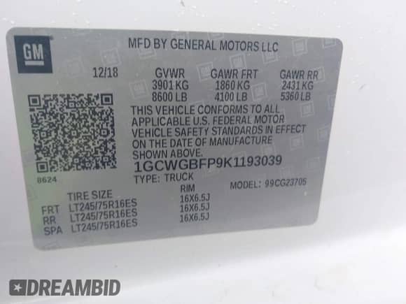 2019 Chevrolet Express Cargo с VIN 1GCWGBFP9K1193039, выставлен на аукционе IAAI как лот 42482812 с пробегом 152 787 миль миль и . История ставок и продаж доступна на DreamBid. Изображение 9.