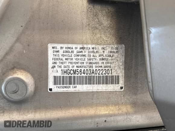 2003 Honda Accord LX с VIN 1HGCM56403A022301, выставлен на аукционе Copart как лот 56017415 с пробегом 206 692 миль миль и Чистый • Clean title. История ставок и продаж доступна на DreamBid. Изображение 10.