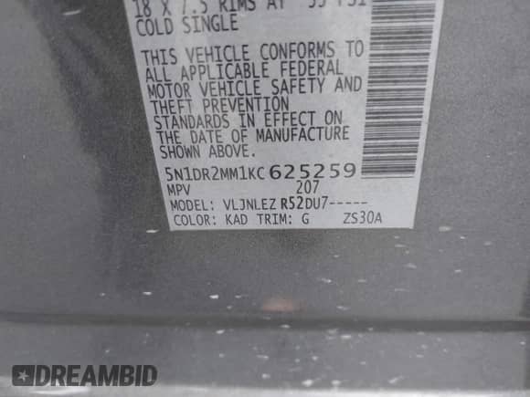 2019 Nissan Pathfinder SL with VIN 5N1DR2MM1KC625259, listed as a IAAI auction lot 42161242 with 111,096 mi miles and . Bid and sale history available at DreamBid. Image 9.