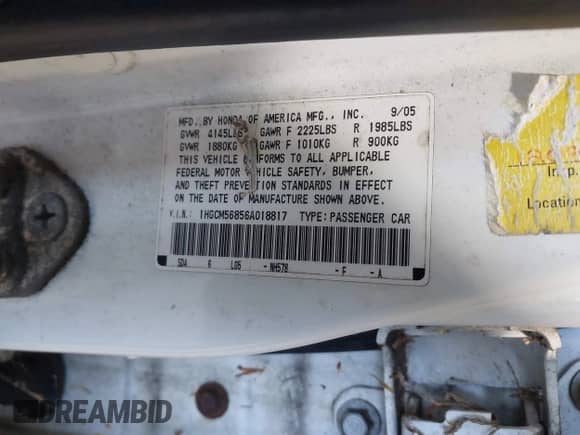 2006 Honda Accord EX-L с VIN 1HGCM56856A018817, выставлен на аукционе IAAI как лот 43356230 с пробегом 182 164 миль миль и . История ставок и продаж доступна на DreamBid. Изображение 9.