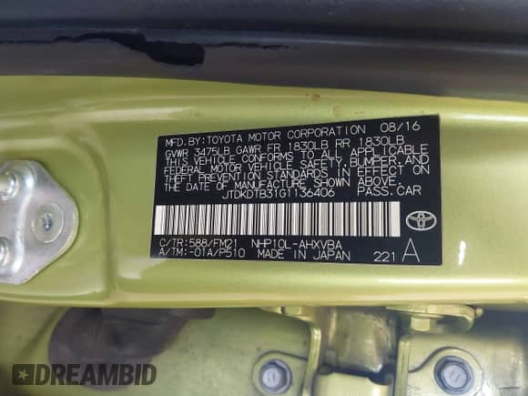 2016 Toyota Prius One z VIN JTDKDTB31G1136406, wystawiony jako IAAI lot #42884519 z przebiegiem 106 537 mil mil oraz . Historia ofert i sprzedaży dostępna na DreamBid. Obrazek 9.