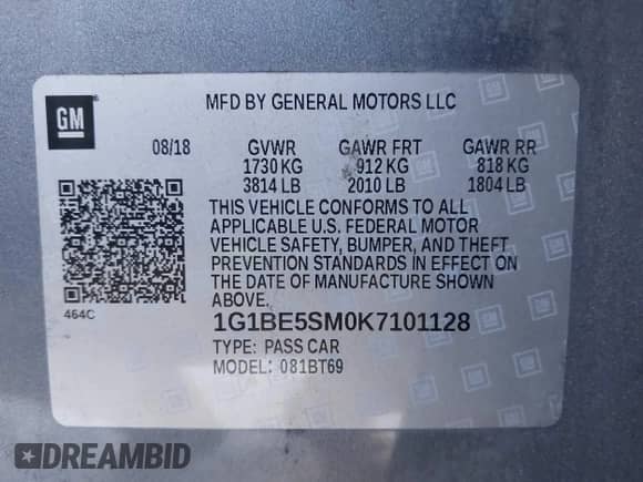 2019 Chevrolet Cruze LT с VIN 1G1BE5SM0K7101128, выставлен на аукционе IAAI как лот 43344737 с пробегом 85 962 миль миль и . История ставок и продаж доступна на DreamBid. Изображение 9.