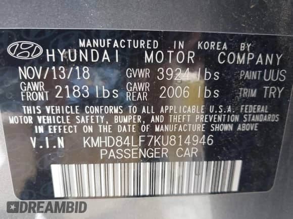 2019 Hyundai Elantra SEL z VIN KMHD84LF7KU814946, wystawiony jako IAAI lot #43117270 z przebiegiem 67 802 mil mil oraz . Historia ofert i sprzedaży dostępna na DreamBid. Obrazek 9.