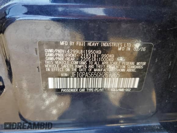 2016 Subaru Impreza Special Sports Premium с VIN JF1GPAS65GH267265, выставлен на аукционе Copart как лот 52178995 с пробегом 81 315 миль миль и Списание • Salvage title. История ставок и продаж доступна на DreamBid. Изображение 14.