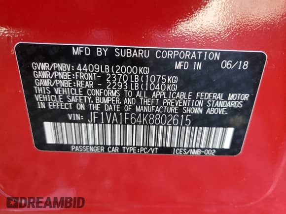 2019 Subaru WRX Premium with VIN JF1VA1F64K8802615, listed as a Copart auction lot 66733195 with 101,258 mi miles and Salvage title. Bid and sale history available at DreamBid. Image 12.