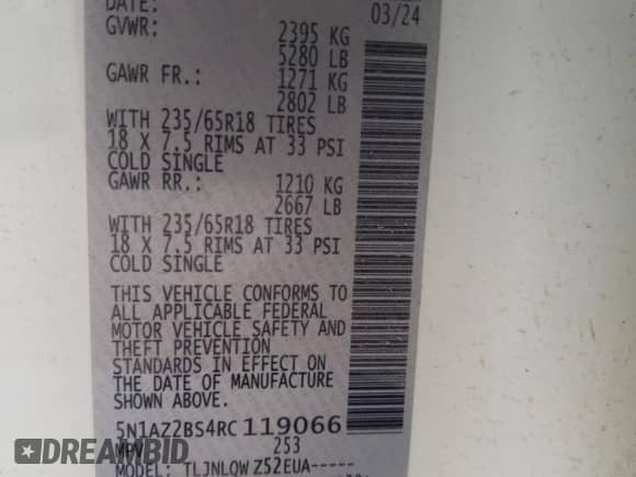 2024 Nissan Murano SV с VIN 5N1AZ2BS4RC119066, выставлен на аукционе Copart как лот 55278045 с пробегом Не указан миль и На запчасти • Non repairable. История ставок и продаж доступна на DreamBid. Изображение 14.