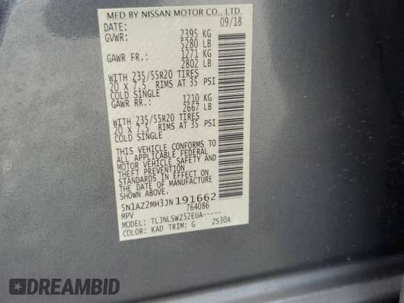 2018 Nissan Murano SV z VIN 5N1AZ2MH3JN191662, wystawiony jako Copart lot #80585425 z przebiegiem 42 300 mil mil oraz Szkoda całkowita • Salvage title. Historia ofert i sprzedaży dostępna na DreamBid. Obrazek 13.