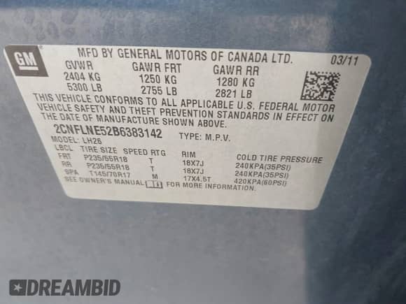 2011 Chevrolet Equinox 2LT with VIN 2CNFLNE52B6383142, listed as a IAAI auction lot 42348638 with 177,464 mi miles and . Bid and sale history available at DreamBid. Image 9.