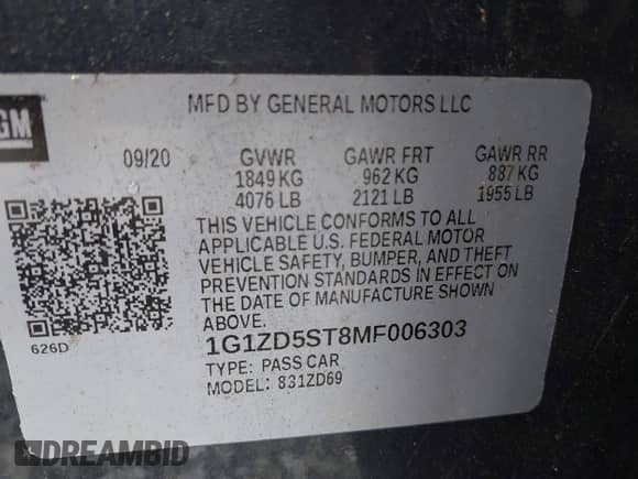 2021 Chevrolet Malibu LT z VIN 1G1ZD5ST8MF006303, wystawiony jako IAAI lot #42764025 z przebiegiem 123 668 mil mil oraz . Historia ofert i sprzedaży dostępna na DreamBid. Obrazek 9.