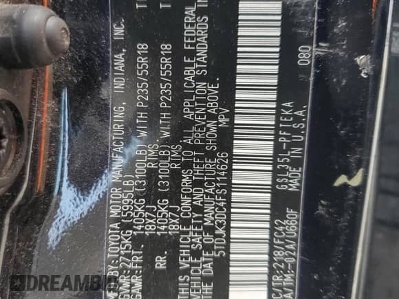 2015 Toyota Sienna LE z VIN 5TDJK3DC4FS114626, wystawiony jako Copart lot #67738895 z przebiegiem Nie podano mil oraz Szkoda całkowita • Salvage title. Historia ofert i sprzedaży dostępna na DreamBid. Obrazek 14.