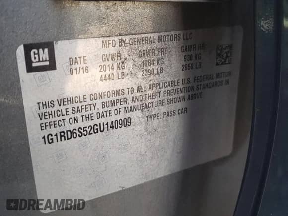 2016 Chevrolet Volt Premier with VIN 1G1RD6S52GU140909, listed as a Copart auction lot 36866593 with 65,382 mi miles and . Bid and sale history available at DreamBid. Image 14.