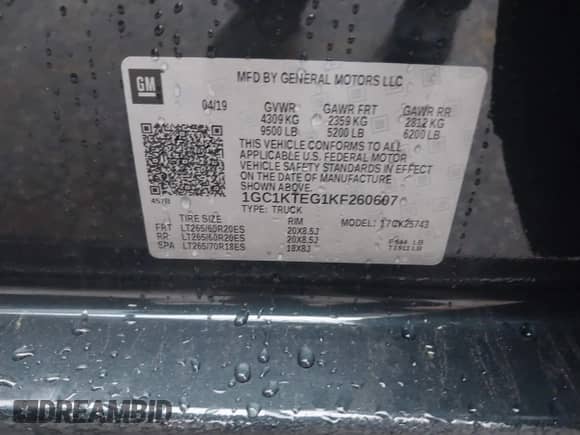 2019 Chevrolet Silverado 2500HD LTZ with VIN 1GC1KTEG1KF260607, listed as a IAAI auction lot 41965273 with 153,218 mi miles and . Bid and sale history available at DreamBid. Image 9.