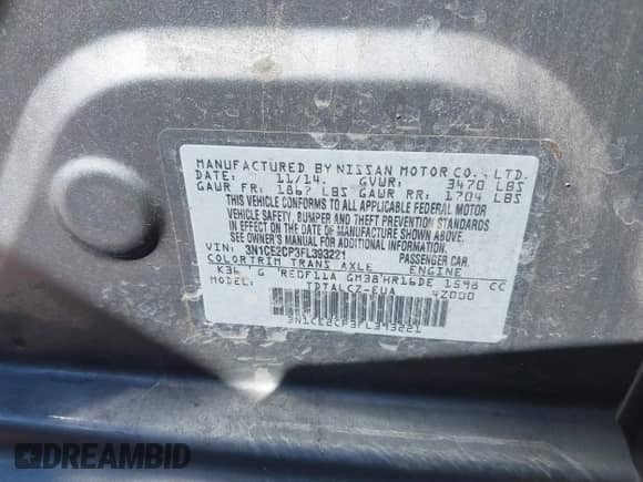 2015 Nissan Note S with VIN 3N1CE2CP3FL393221, listed as a IAAI auction lot 41743098 with 119,502 mi miles and . Bid and sale history available at DreamBid. Image 9.