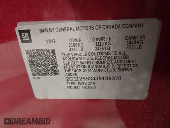 2018 Chevrolet Impala Premier with VIN 2G1125S34J9138370, listed as a IAAI auction lot 42777240 with 147,333 mi miles and . Bid and sale history available at DreamBid. Image 9.