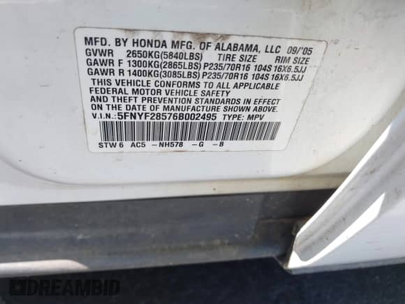 2006 Honda Pilot EX-L z VIN 5FNYF28576B002495, wystawiony jako IAAI lot #42926016 z przebiegiem 212 025 mil mil oraz . Historia ofert i sprzedaży dostępna na DreamBid. Obrazek 9.