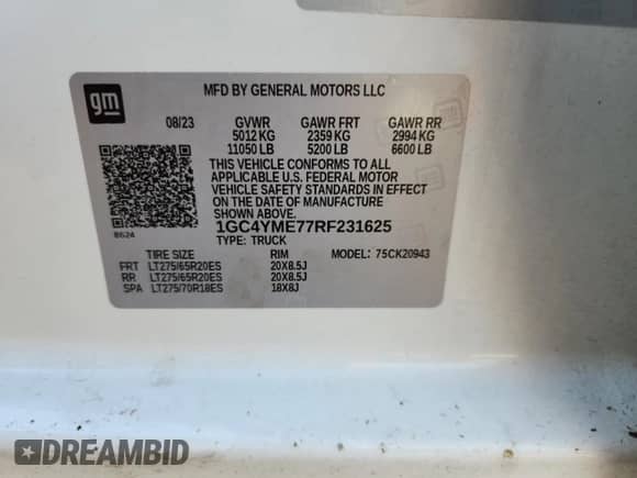 2024 Chevrolet Silverado 2500HD Custom с VIN 1GC4YME77RF231625, выставлен на аукционе Copart как лот 69311755 с пробегом 61 611 миль миль и Списание • Salvage title. История ставок и продаж доступна на DreamBid. Изображение 12.