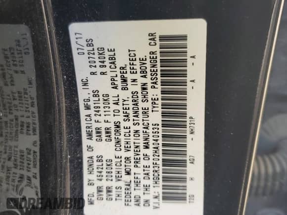 2017 Honda Accord EX-L with VIN 1HGCR3F02HA040535, listed as a Copart auction lot 68521765 with 94,237 mi miles and Salvage title. Bid and sale history available at DreamBid. Image 12.