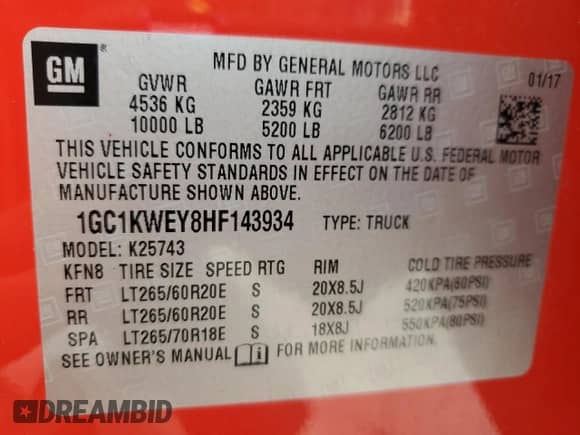 2017 Chevrolet Silverado 2500HD LTZ с VIN 1GC1KWEY8HF143934, выставлен на аукционе Copart как лот 70753325 с пробегом 78 570 миль миль и Списание • Salvage title. История ставок и продаж доступна на DreamBid. Изображение 12.