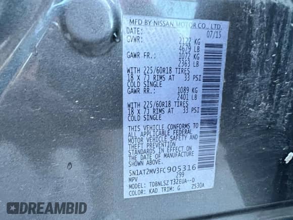 2015 Nissan Rogue SL с VIN 5N1AT2MV3FC905316, выставлен на аукционе Copart как лот 84896365 с пробегом 129 588 миль миль и Чистый • Clean title. История ставок и продаж доступна на DreamBid. Изображение 10.