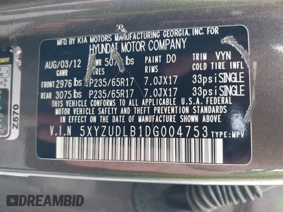 2013 Hyundai Santa Fe Sport with VIN 5XYZUDLB1DG004753, listed as a IAAI auction lot 42930621 with 246,965 mi miles and . Bid and sale history available at DreamBid. Image 9.