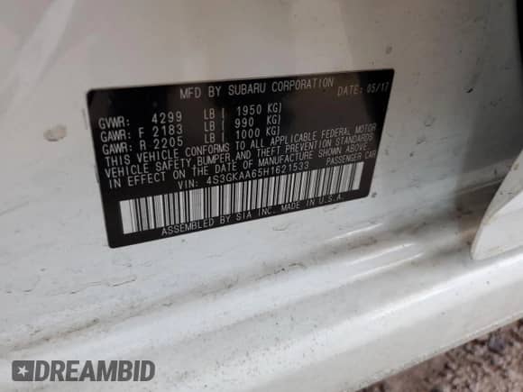 2017 Subaru Impreza с VIN 4S3GKAA65H1621533, выставлен на аукционе Copart как лот 71437254 с пробегом 104 319 миль миль и Списание • Salvage title. История ставок и продаж доступна на DreamBid. Изображение 12.