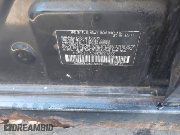 2012 Subaru Impreza Premium with VIN JF1GJAC69CH007686, listed as a IAAI auction lot 43320315 with 190,086 mi miles and . Bid and sale history available at DreamBid. Image 9.