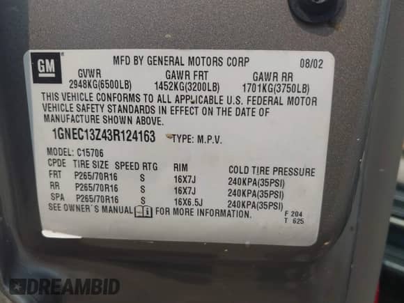 2003 Chevrolet Tahoe LS z VIN 1GNEC13Z43R124163, wystawiony jako IAAI lot #42374254 z przebiegiem 231 335 mil mil oraz . Historia ofert i sprzedaży dostępna na DreamBid. Obrazek 9.