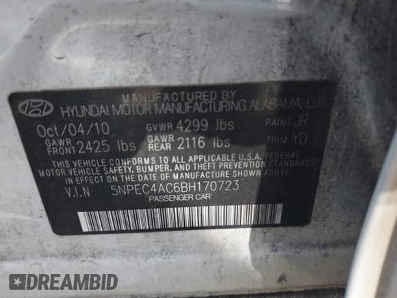 2011 Hyundai Sonata Limited with VIN 5NPEC4AC6BH170723, listed as a IAAI auction lot 43477006 with 194,330 mi miles and . Bid and sale history available at DreamBid. Image 9.