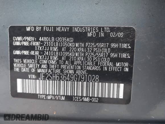 2009 Subaru Forester X с VIN JF2SH63649G791028, выставлен на аукционе IAAI как лот 43451581 с пробегом 173 165 миль миль и . История ставок и продаж доступна на DreamBid. Изображение 9.