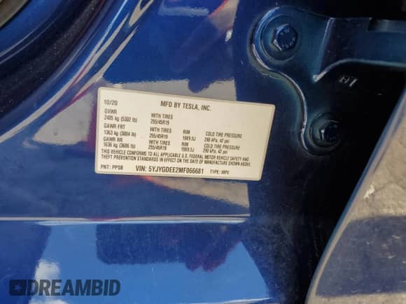 2021 Tesla Model Y Long Range с VIN 5YJYGDEE2MF066681, выставлен на аукционе Copart как лот 84761845 с пробегом Не указан миль и Списание • Salvage title. История ставок и продаж доступна на DreamBid. Изображение 12.