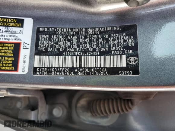 2014 Toyota Camry SE с VIN 4T1BF1FK3EU824124, выставлен на аукционе Copart как лот 84597335 с пробегом 131 721 миль миль и Списание • Salvage title. История ставок и продаж доступна на DreamBid. Изображение 12.