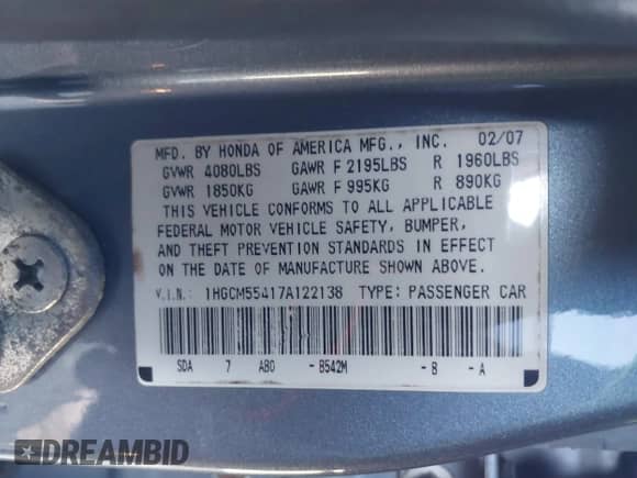 2007 Honda Accord LX с VIN 1HGCM55417A122138, выставлен на аукционе IAAI как лот 41634832 с пробегом 220 900 миль миль и . История ставок и продаж доступна на DreamBid. Изображение 9.