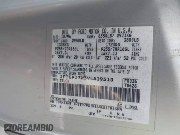 1997 Ford F-150 с VIN 1FTEF17W3VLA19510, выставлен на аукционе IAAI как лот 41711010 с пробегом 214 984 миль миль и . История ставок и продаж доступна на DreamBid. Изображение 9.