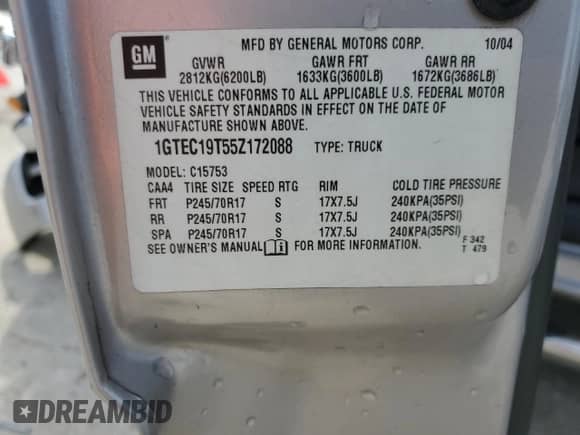 2005 GMC Sierra 1500 SLT with VIN 1GTEC19T55Z172088, listed as a Copart auction lot 43010225 with 182,400 mi miles and Salvage title. Bid and sale history available at DreamBid. Image 13.