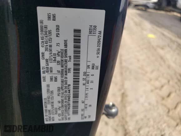 2022 Ford F-250 XLT с VIN 1FT7W2BT8NEC44778, выставлен на аукционе Copart как лот 78947544 с пробегом Не указан миль и Списание • Salvage title. История ставок и продаж доступна на DreamBid. Изображение 12.