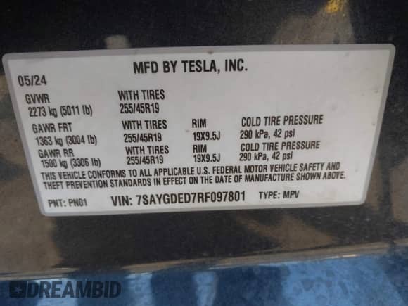 2024 Tesla Model Y с VIN 7SAYGDED7RF097801, выставлен на аукционе IAAI как лот 43345626 с пробегом 12 959 миль миль и . История ставок и продаж доступна на DreamBid. Изображение 9.