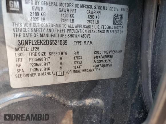 2013 Chevrolet Captiva Sport LS with VIN 3GNFL2EK2DS521539, listed as a Copart auction lot 66010984 with Not provided miles and Salvage title. Bid and sale history available at DreamBid. Image 14.