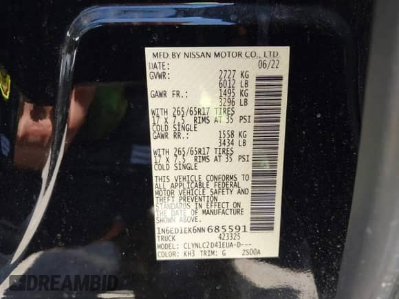 2022 Nissan Frontier SV with VIN 1N6ED1EK6NN685591, listed as a IAAI auction lot 42826730 with 61,030 mi miles and . Bid and sale history available at DreamBid. Image 9.