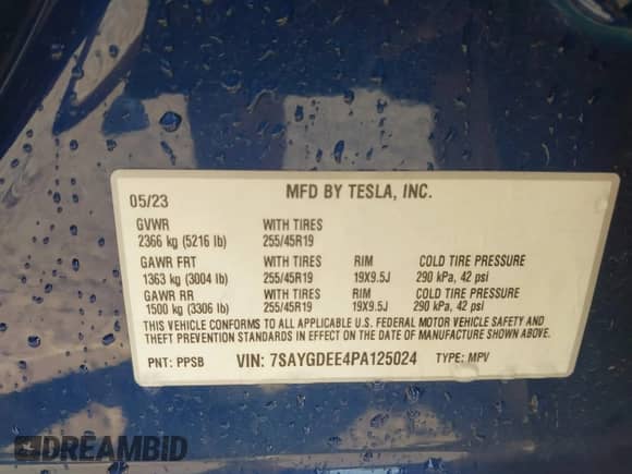 2023 Tesla Model Y Long Range with VIN 7SAYGDEE4PA125024, listed as a IAAI auction lot 43252218 with 21,200 mi miles and . Bid and sale history available at DreamBid. Image 9.