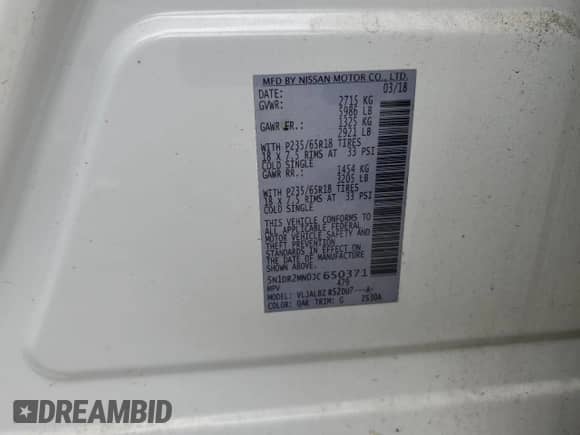 2018 Nissan Pathfinder SL with VIN 5N1DR2MN0JC650371, listed as a Copart auction lot 61828215 with 112,326 mi miles and Salvage title. Bid and sale history available at DreamBid. Image 14.