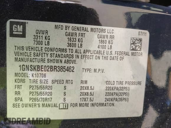 2011 Chevrolet Tahoe LT с VIN 1GNSKBE02BR385462, выставлен на аукционе IAAI как лот 43335627 с пробегом Не указан миль и . История ставок и продаж доступна на DreamBid. Изображение 9.