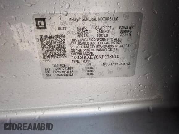 2019 Chevrolet Silverado 3500HD LTZ with VIN 1GC4KXEY0KF113515, listed as a Copart auction lot 52349795 with 190,915 mi miles and Salvage title. Bid and sale history available at DreamBid. Image 12.