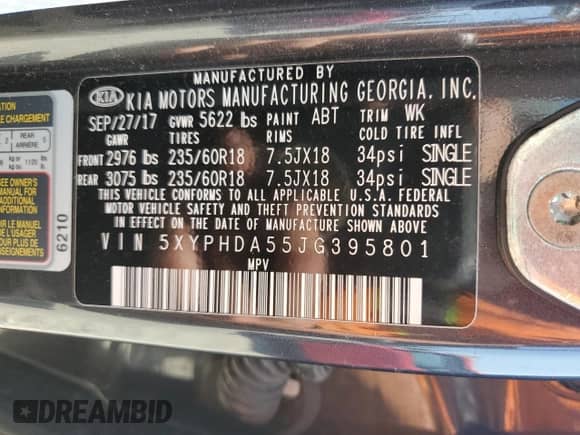 2018 Kia Sorento EX with VIN 5XYPHDA55JG395801, listed as a Copart auction lot 60622665 with 83,100 mi miles and Salvage title. Bid and sale history available at DreamBid. Image 13.