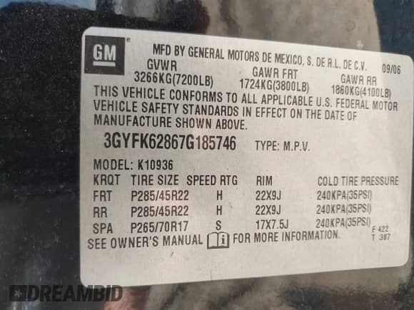 2007 Cadillac Escalade EXT with VIN 3GYFK62867G185746, listed as a IAAI auction lot 41855526 with 320,458 mi miles and . Bid and sale history available at DreamBid. Image 9.