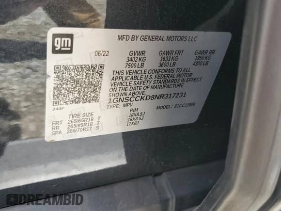 2022 Chevrolet Suburban LT z VIN 1GNSCCKD8NR317231, wystawiony jako Copart lot #59026355 z przebiegiem 73 037 mil mil oraz Szkoda całkowita • Salvage title. Historia ofert i sprzedaży dostępna na DreamBid. Obrazek 13.
